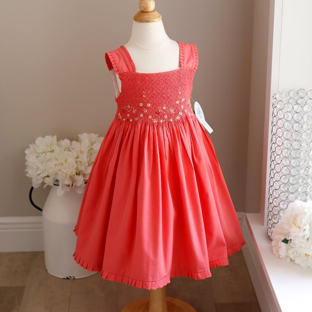 Smocked Dress Coral Pink Boutique Sleeveless Embroidery Size 4T NWT